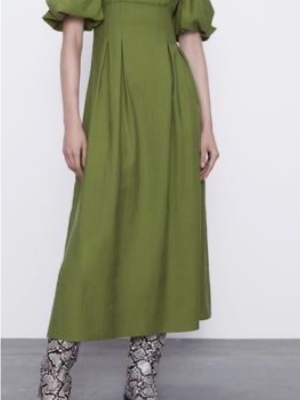 ZARA Puff Sleeve Olive Green Midi Dress, Size Medium